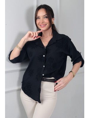 By Saygı Kadın Italyan Yıldız Çiçeği Kabartmalı Nakış Detaylı Cotton Gömlek