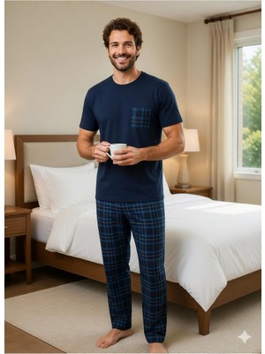 Sude Homewear Erkek Ekoseli Cepli Kısa Kollu Pijama Takımı