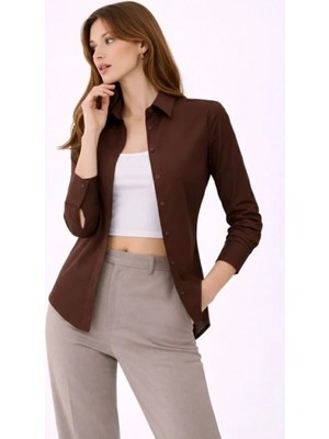 Pileli Store Pilelistore- Uzun Kollu Gömlek Düğmeli Klasik Yaka Günlük ve Ofis Şıklığına Uygun - Kahverengi