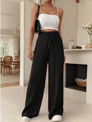 Pileli Store Pilelistore- Kadın Yüksek Bel Önden Bağlamalı Geniş Kesim Keten Pantolon