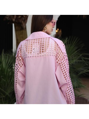Hopeful Design Kadın Gömlek File Detaylı Oversize Mavi ve Pembe