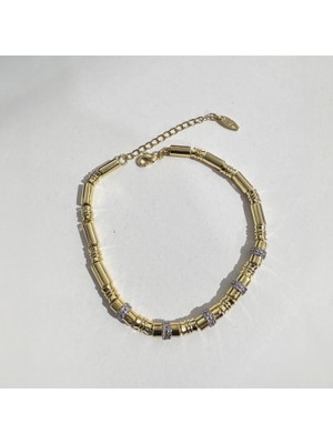 Cesicey Çelik Zirkon Taşlı Silindir Kadın Trend Bileklik Altın Renk