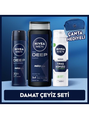 Nivea Men Erkek Bakım Damat Çeyiz Seti, Hassas Tıraş Köpüğü, Duş Jeli ve Sprey Deodorant, Çanta Hediye