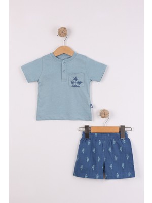 Joy Kids Erkek Bebek Palmiye Baskılı Takım (9-24AY) (Mavi)