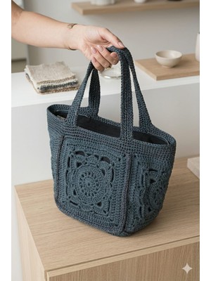 Linas Collection El Örgüsü Antrasit Granny Square Tote Çanta