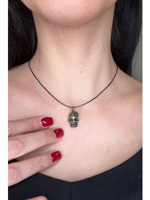Vintage Takı Siyah Deri Ipli Bakır Kaplama Minimal Kurukafa Skull Kolye