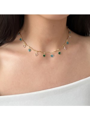 Fiorentaş Zarif Kalp Detaylı Gold Ton Renkli Taşlı Çelik Choker Kolye