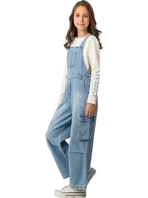 HaanBebe Kız Çocuk Jean Salopet Takım - Kargo Cep Detaylı Kot Bahçıvan Tulum ve Uzun Kollu Tişört Seti