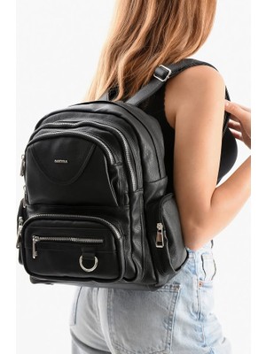 MEGA Çok Bölmeli Yumuşak Deri Kadın Sırt Çantası – Günlük Kullanım Büyük Boy Sırt Çantası (Siyah)