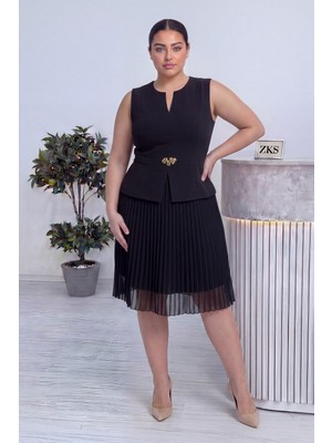 Thezkscom-Kadın Büyük Beden Siyah Piliseli Peplum Kemerli Midi Abiye