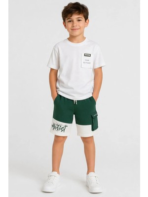 İrem Çocuk Giyim Erkek Çocuk Önü Arkası Artist Yazı Desenli Torba Cepli Beyaz Renk Şortlu Takım