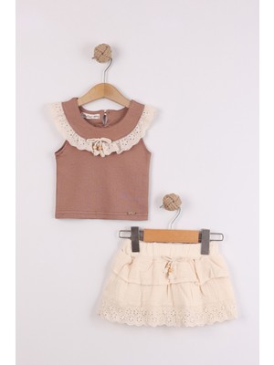 Joy Kids Kız Çocuk Müslin Etekli Sıfır Kol Takım (%100 Pamuk) (Kahve-Bej)
