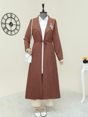 Modamorfo Taş Işlemeli Belden Büzgülü Keten kap -Taba