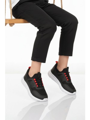 Walkway Siyah Beyaz Fileli Hafif Esnek Unisex Çocuk Spor Ayakkabı 9060 Motano F