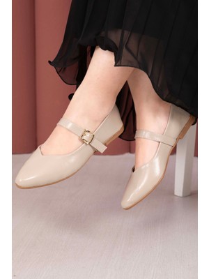 SRC Tokalı Bant Detaylı Mary Jane Babet Ayakkabı Bej