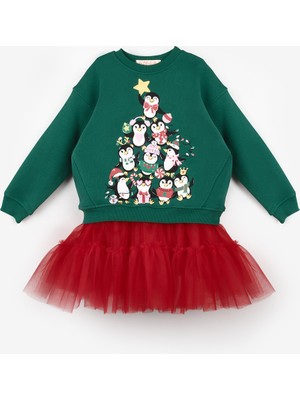 Le Mabelle Yeşil Sevimli Penguen Baskılı Kız Çocuk Yılbaşı Ikili Takım - Orchid
