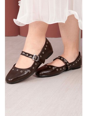SRC Kuşgözü Detaylı Mary Jane Babet Ayakkabı Kahve