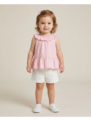 Serkon Kız Çocuk Pudra Pembe Fırfırlı Bluz & Beyaz Dantel Şort  2’li Takım Yazlık ve Baymralık Şık Rahat