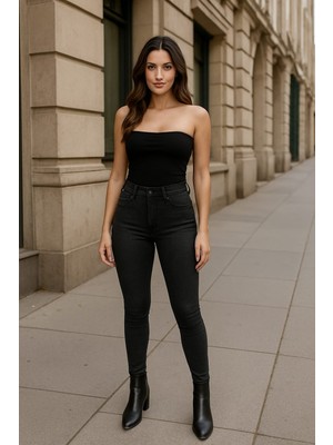 Blue White Kadın Yüksek Bel Dar Paça Skinny Fit Antrasit Jean Pantolon