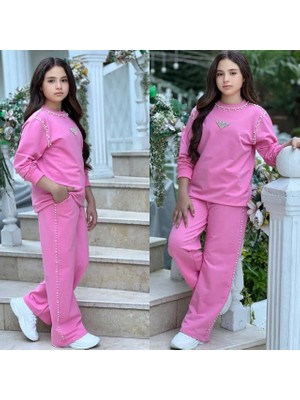 HaanBebe Kız Çocuk Inci Işlemeli Taş Detaylı Sweatshirt ve Ispanyol Paça Pantolon Ikili Takım