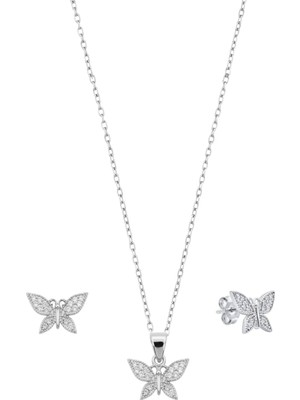 Oya Silver Minimal Modern Zirkon Taşlı Kelebek Gümüş Kolye Küpe Seti [OYSY270]