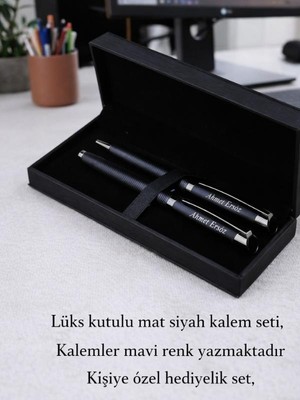Kalemhane Mat Siyah Kişiye Özel Lüks Kutulu Roller ve Tükenmez Kalem Seti