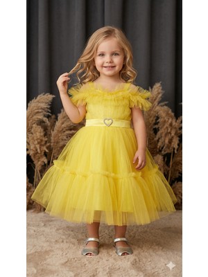 Ayyılmaz Kız Çocuk Pürpür Abiye Elbise Ekstra Tül Detaylı Beli Lastikli Sarı