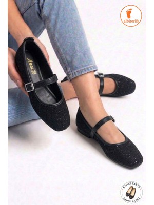 Albishoes Günlük Kadın Babet Bantlı Tokalı Anatomik Rahat Ev Iş Ofis Ayakkabı Kadın Tüvit Kumaş