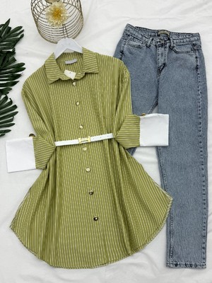 Modamorfo Metal Düğmeli Kemerli Çizgili Tunik -F.yeşili