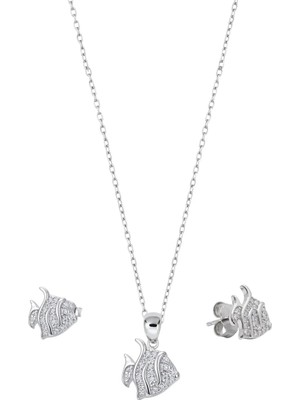 Oya Silver Minimal Zirkon Taşlı Balık Gümüş Kolye ve Küpe Seti [OYSY267]
