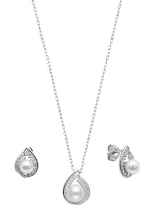 Oya Silver Baget Taşlı Inci Detaylı Gümüş Kolye Küpe Seti [OYSY268]