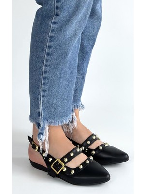 Erbilden Jorwi Siyah Cilt Zımba Detaylı Kadın Babet Ayakkabı