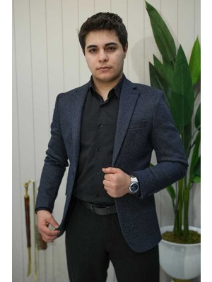 Beystil Mono Yaka Lacivert Kırçıllı Ceket 50675- Slim Fit