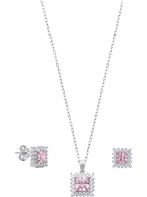 Oya Silver Kare Işıltılı Pembe Kuvars Tek Taşlı Gümüş Set Takım [OYSY261]