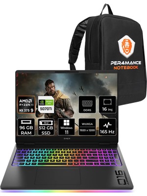 HP Omen Max 16 Ryzen AI 9 HX 375 RTX 5070 Ti 12GB 96GB RAM 512GB SSD 16" FHD+ 165Hz Win11 Pro BQ1Y0EAPN442 Gaming Laptop + Per4 Çanta