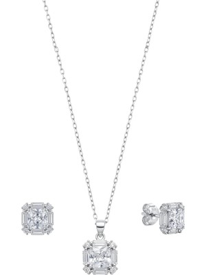Oya Silver Kare Zirkon Baget Taşlı Gümüş Kolye Küpe Seti [OYSY271]