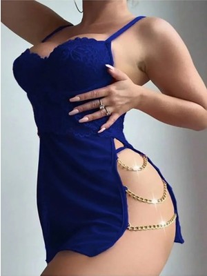 Luminur Siyah Zincirli Dantel Detay Tül Mini Gecelik