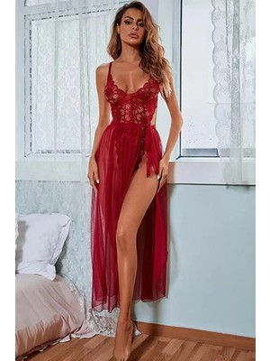 Luminur Kırmızı Dantel Sitring Body ve Midi Boy Tül Gecelik