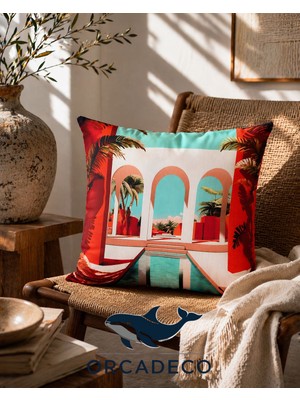 Orcadeco-Tropikal Mimari Desenli Dekoratif Kırlent Kılıfı 45X45 cm – Modern Bohem & Yazlık Ev Konsepti Yastık