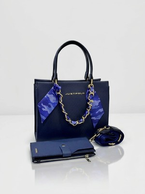 Just Polo Lüks Tasarım Gold Zincirli Şal Detaylı Şık El & Omuz Çantası ve Cüzdanı Kombin Shopper Ebat: 20 x 25 cm