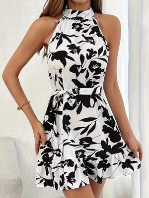 Veralya Moda Kadın Omuzlardan Açık Balıkçı Yakalı Kuşaklı Desenli Kısa Süprem Elbise