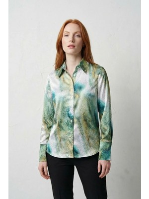 Hiccup Kadın My Fashıon Soyut Baskılı Düğmeli Uzun Kollu Gömlek Yeşil