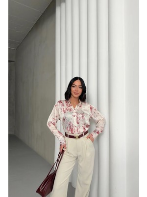 Hiccup Kadınlar MY FASHION Baskılı Krep Düğmeli Gömlek Kırmızı