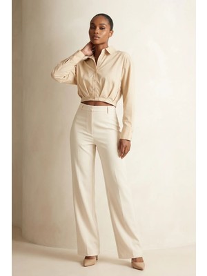 Hiccup Kadın My Fashıon Kısa Düğmeli Klasik Gömlek Bej Doğal