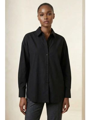 Hiccup Kadın My Fashıon Düğmeli, Uzun Kolu Rahat Kesim Poplin Gömlek Siyah