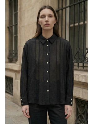 Hiccup Kadın My Fashıon Düğmeli Uzun Kollu Dokulu Gömlek Siyah