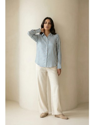 Hiccup Kadınlar MY FASHION Düğmeli Çizgili Saten Gömlek Gök Mavisi