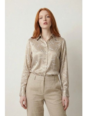 Hiccup Kadın My Fashıon Soyut Desenli Düğmeli Gömlek Krem Doğal