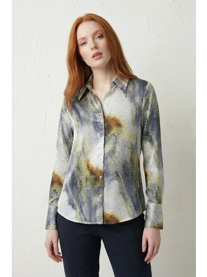 Hiccup Kadın My Fashıon Soyut Baskılı Düğmeli Uzun Kollu Gömlek Gri