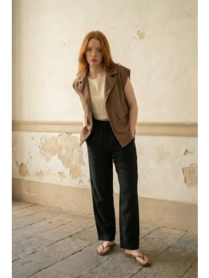 Hiccup Kadınlar MY FASHION Pamuk Gabardin Yelek, Ceket Yakası ve Cepli Ceviz Kahve